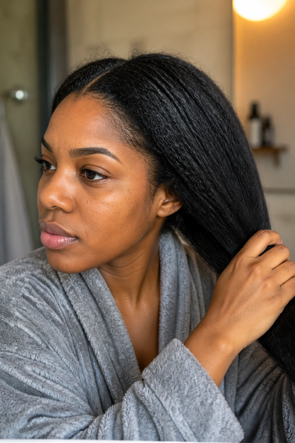 Portrait of a person with stretched, smooth hair during prep for braids