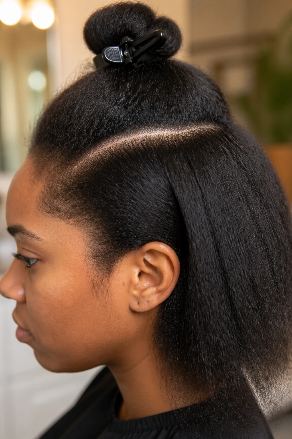 Close-up of stretched, smooth hair on a real person ready for feed-in braids