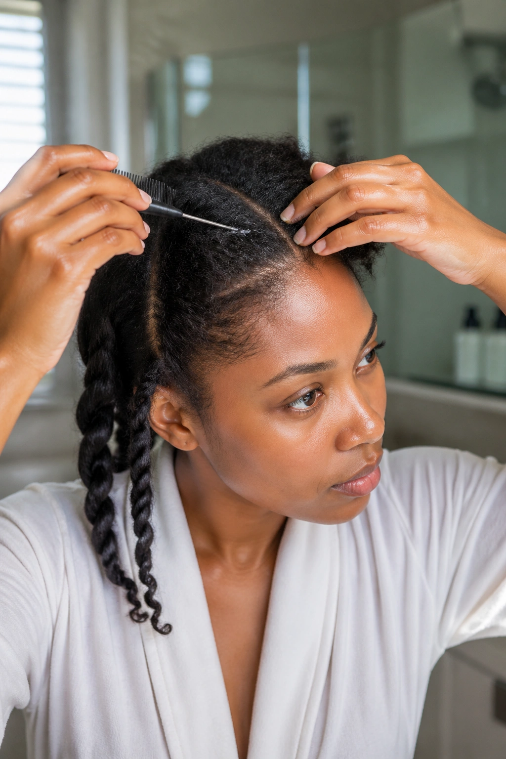 Close-up of a woman with freshly washed hair sectioned for braiding