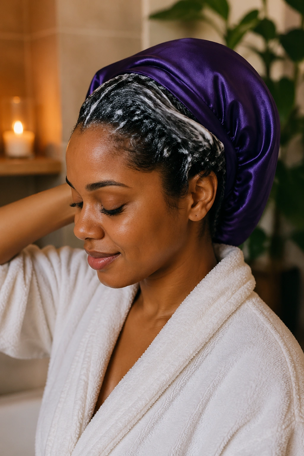 Close-up of protected natural hair during color process with conditioning wrap