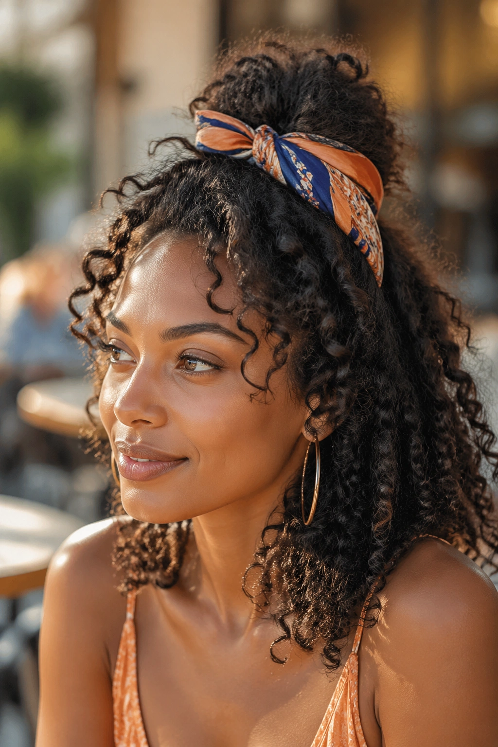 Close-up of a real person in a silk scarf half-up hairstyle in outdoor light