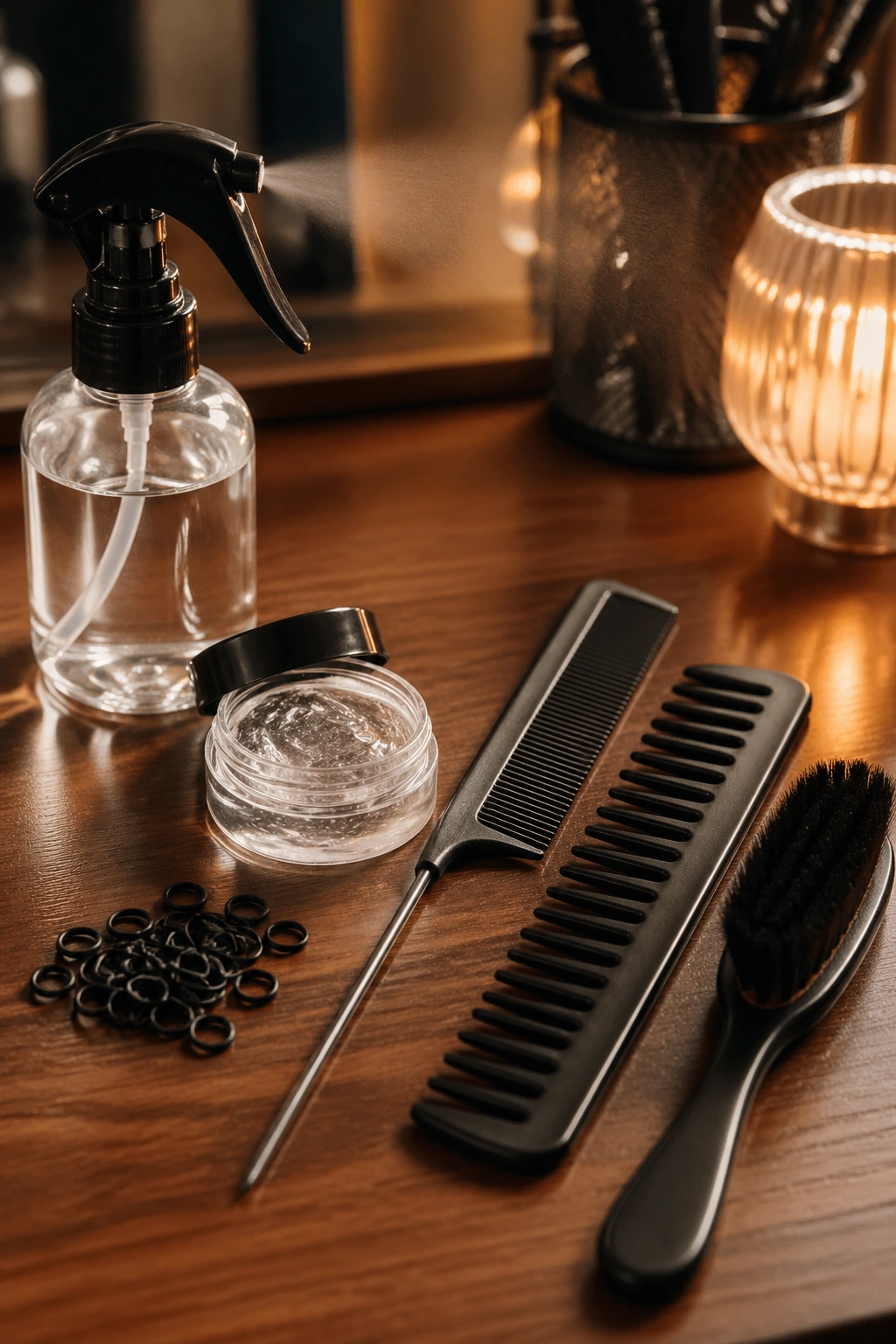 Close-up of essential afro styling tools arranged on a vanity