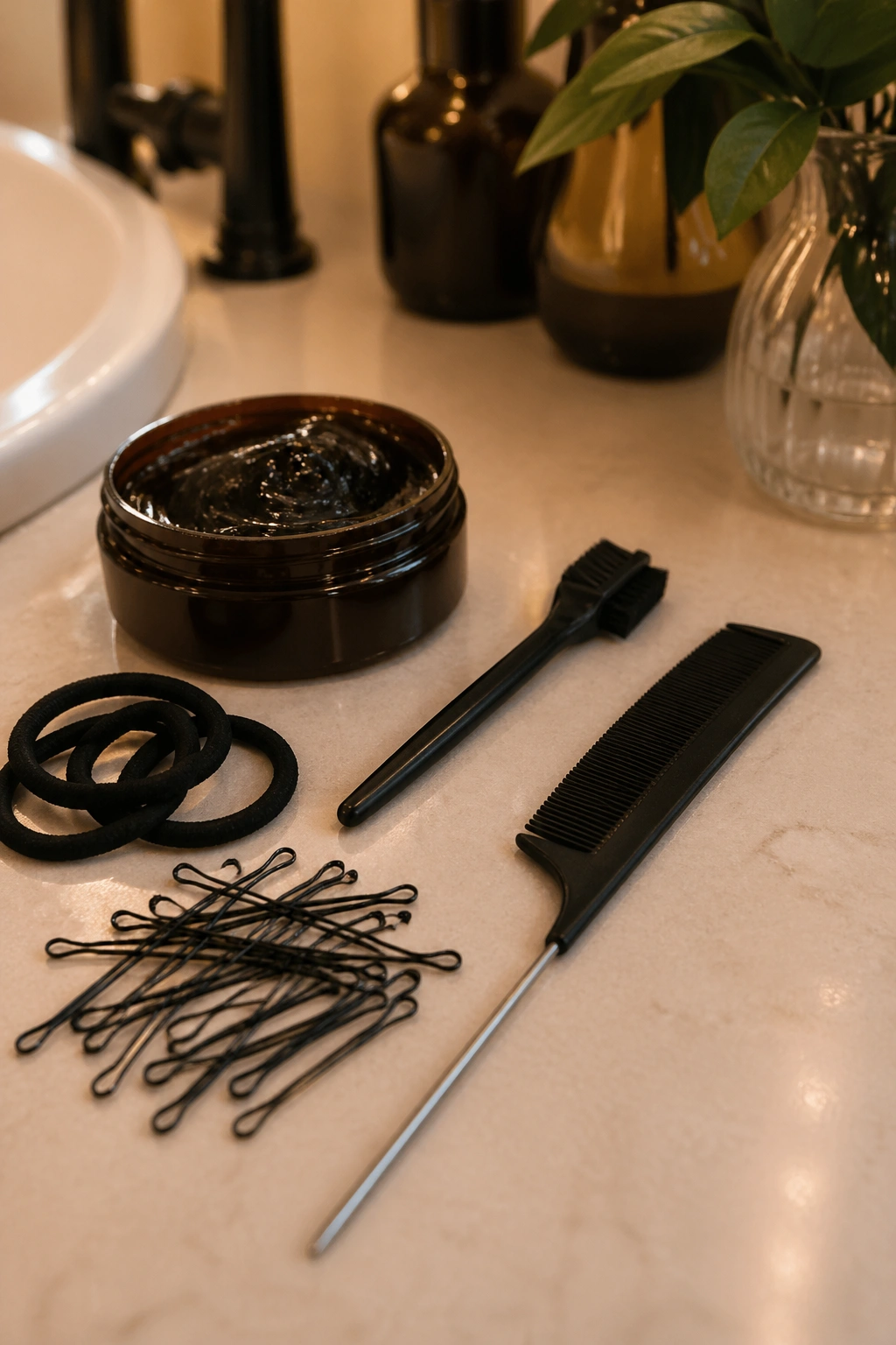 Close-up of hair tools arranged on a vanity.