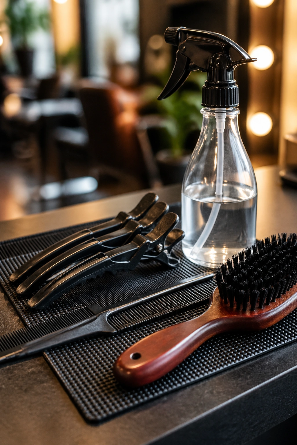 Macro shot of essential hair tools for cornrow prep arranged on a salon counter.
