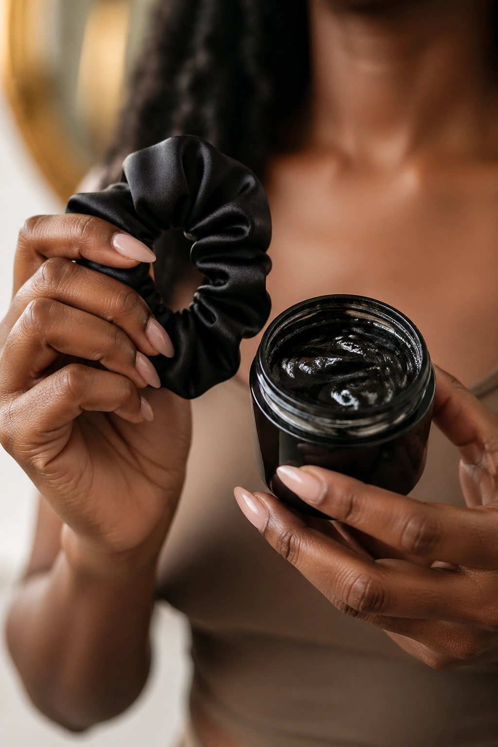 Hands holding satin elastic and edge gel jar in a close-up