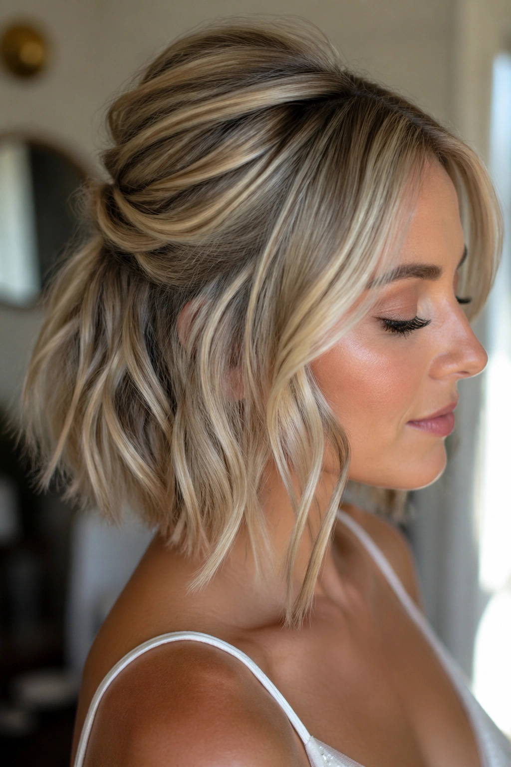 Close-up portrait of a real woman with a textured crown lift hairstyle and hidden pins