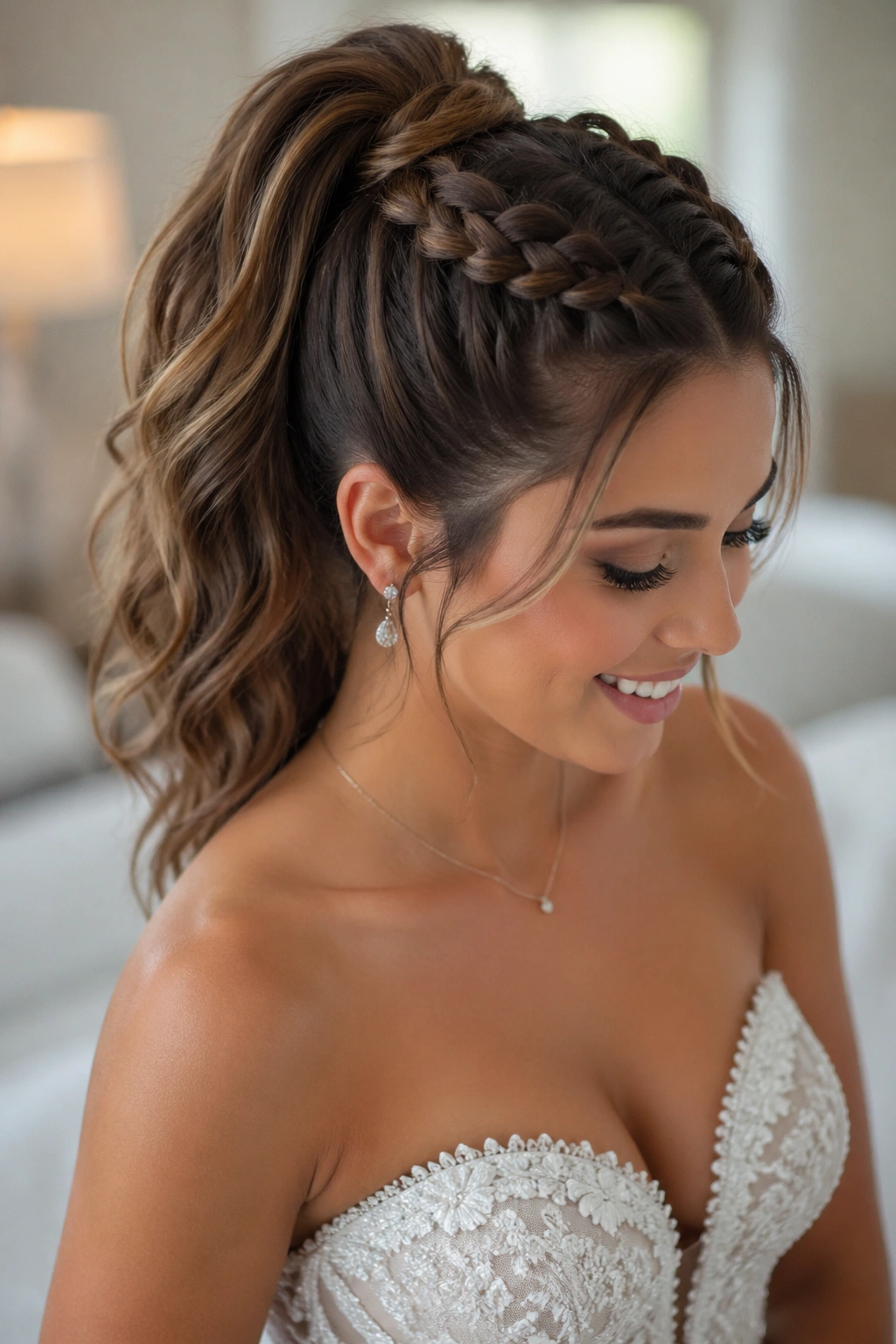 Close-up of a bride's half-braided high ponytail with top braid and flowing ponytail