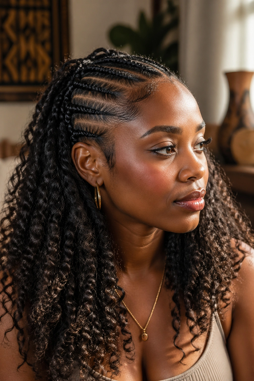 Close-up portrait of a Black woman with crown cornrows blending into natural curls
