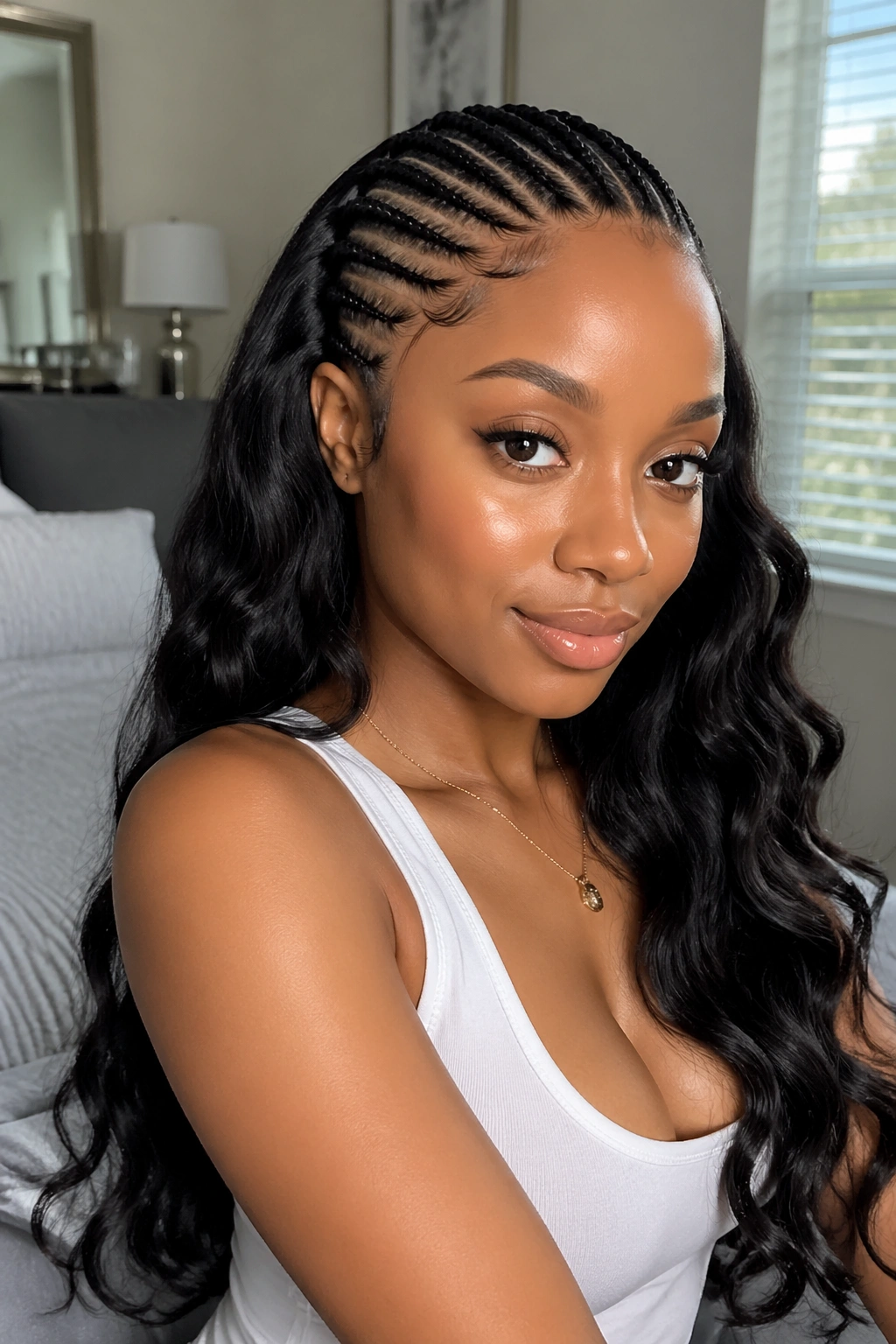 Real person with half cornrows and body wave length weave