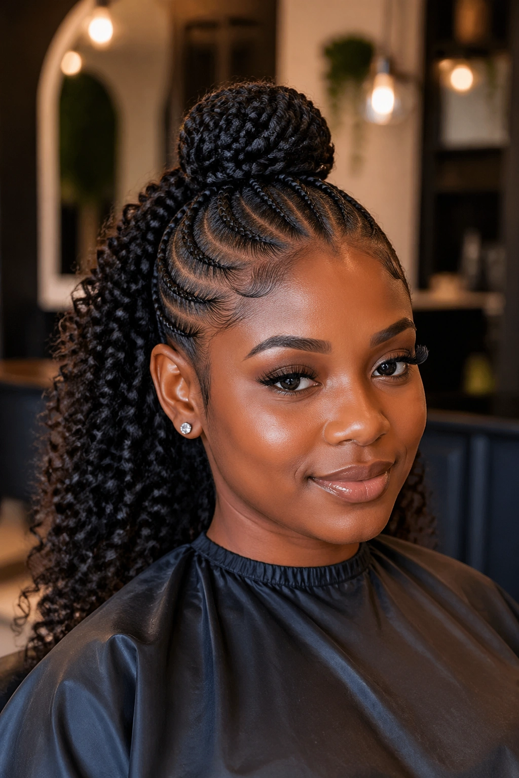 Real woman with crown bun and curly back half cornrow hairstyle