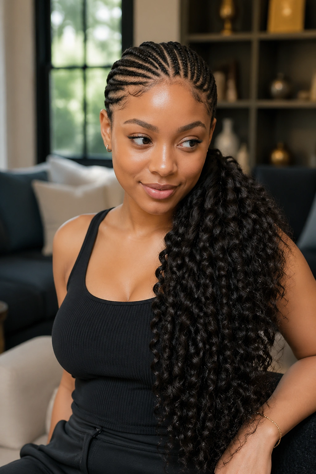 Real person with front cornrows flowing into a curly side pony over one shoulder.