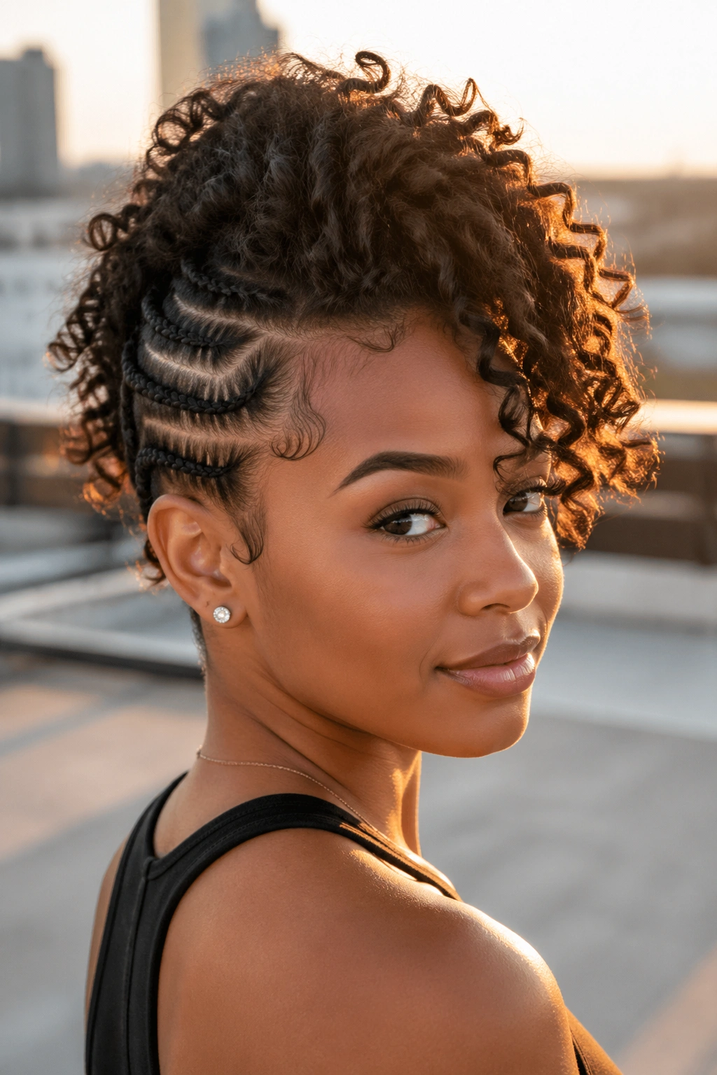Real person with curly top and cornrow bottom