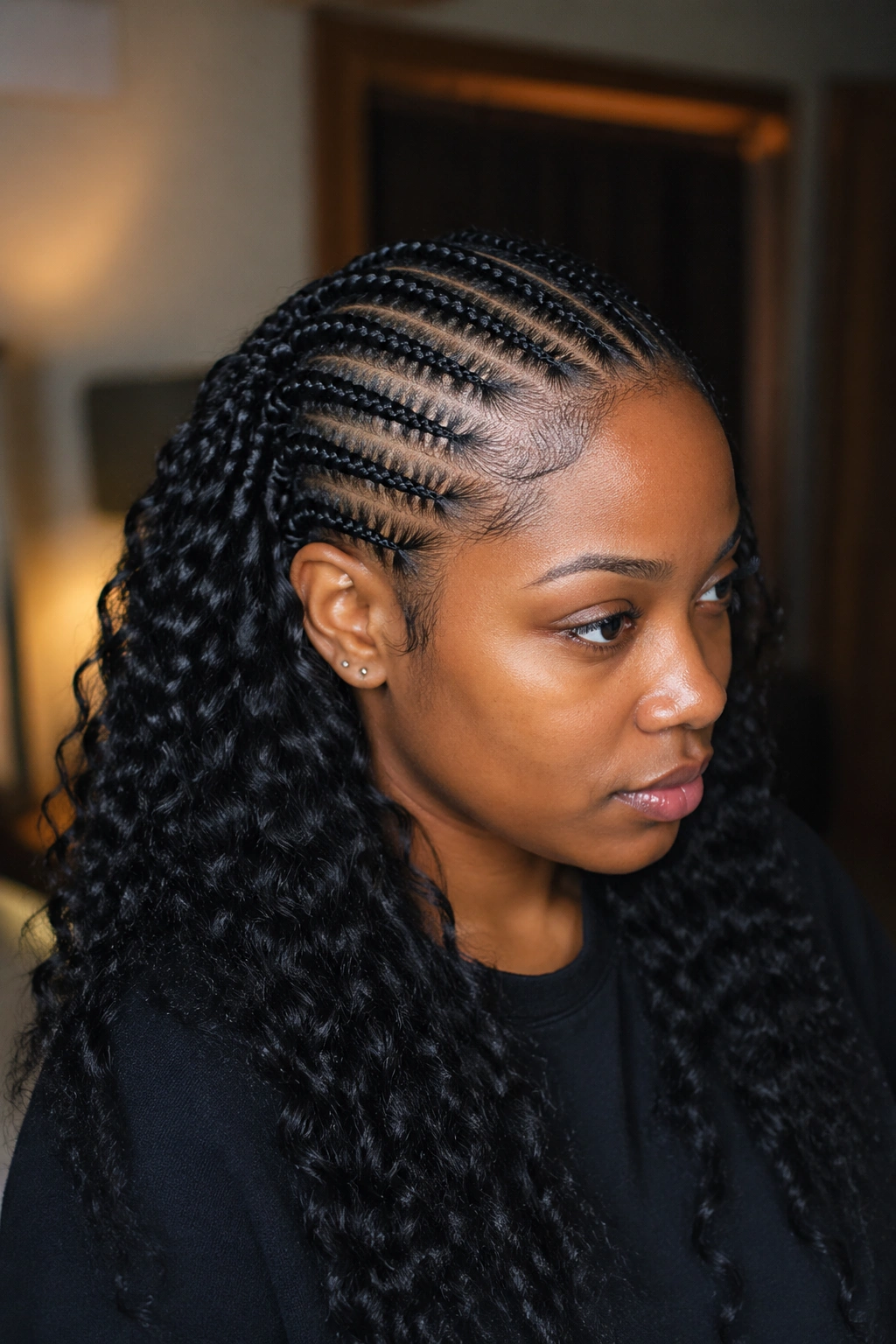 Close-up of real person with deep wave back weave and cornrows to crown in warm indoor light