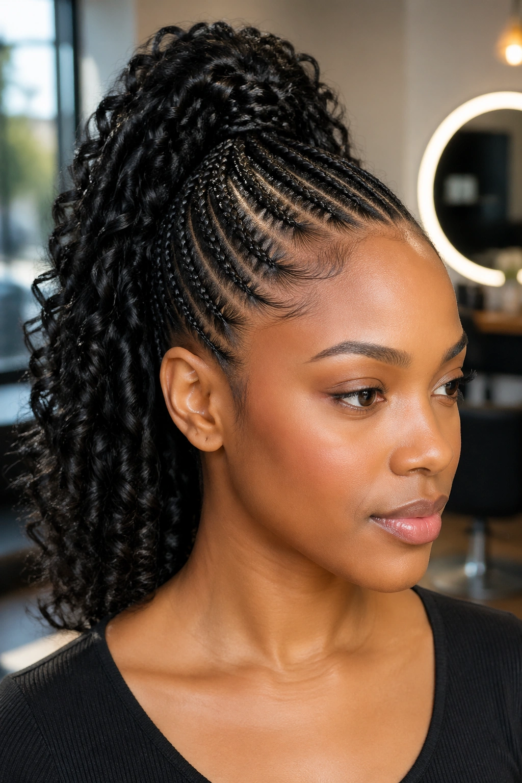 Close-up of half cornrows with a high curly ponytail on a real person