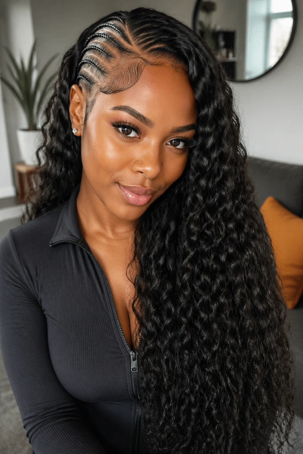 Close-up portrait of a real woman with half cornrows and waist-length curly weave, side part