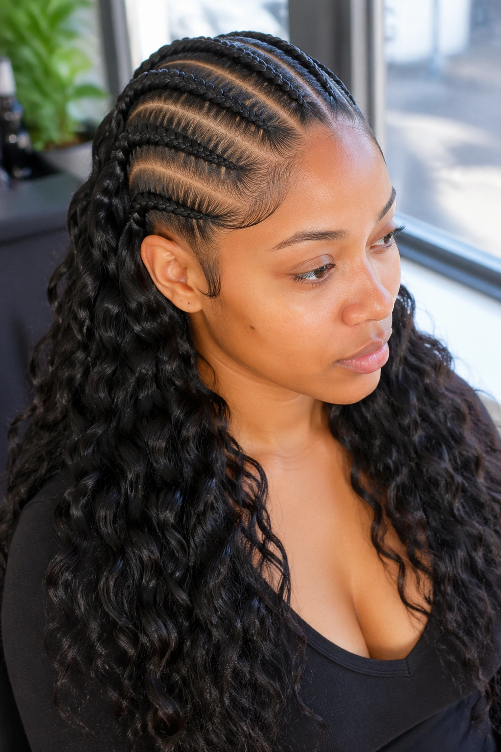 Close-up of a real person with cornrows to crown and loose water wave back in a bright salon