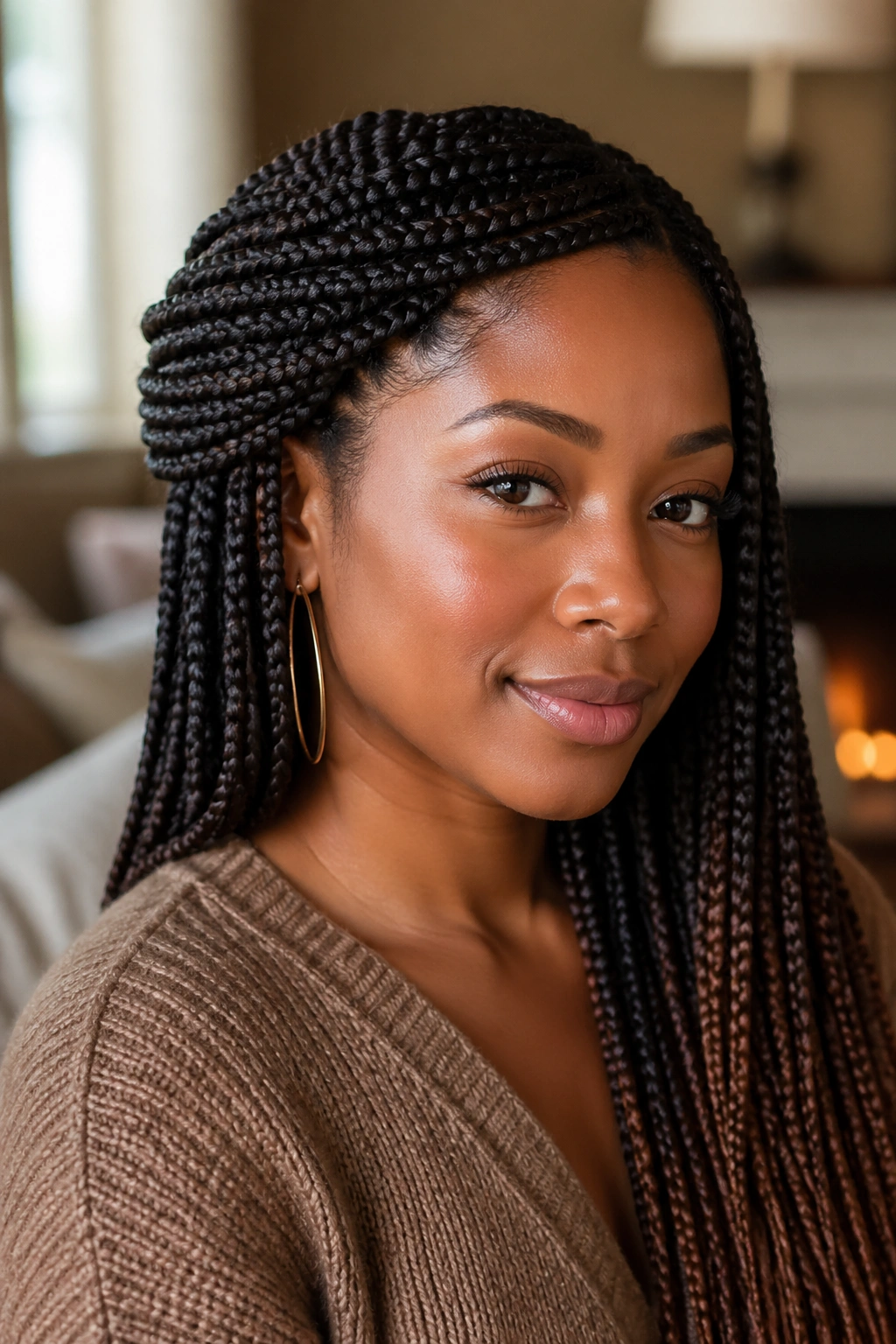 Real woman with half crown braid style framing the face.