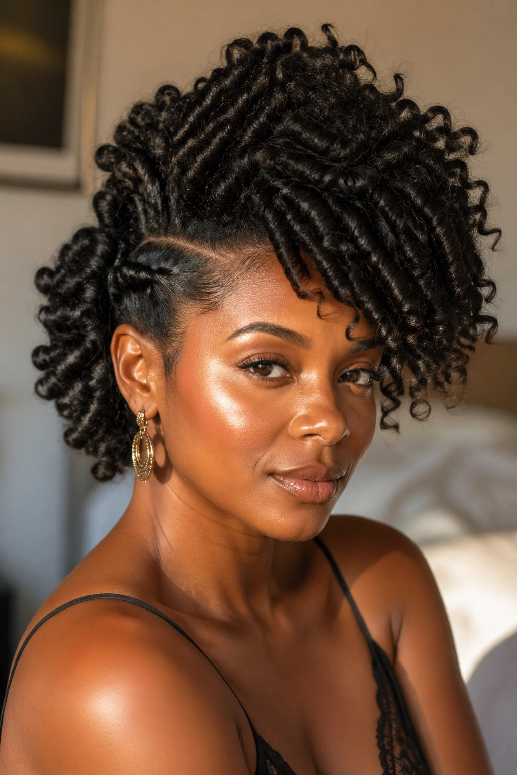 Close-up of half-pinned side updo with voluminous crown on a real woman, warm window light.