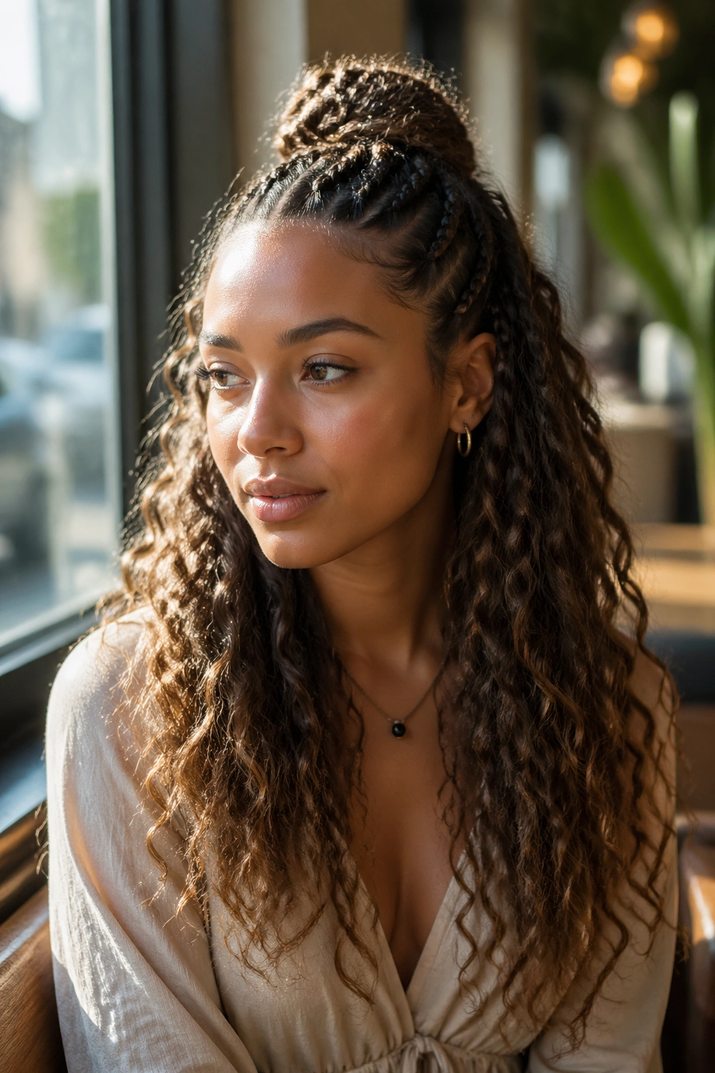 Portrait of a real woman with half-up crown cornrows and loose curls in a sunlit cafe setting