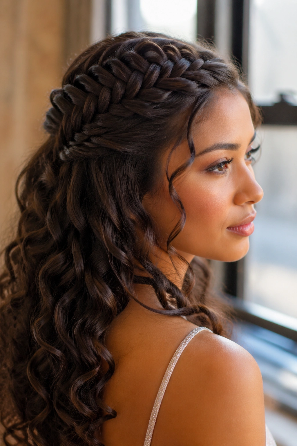 Close-up of real person with half-up hairstyle and side braid.