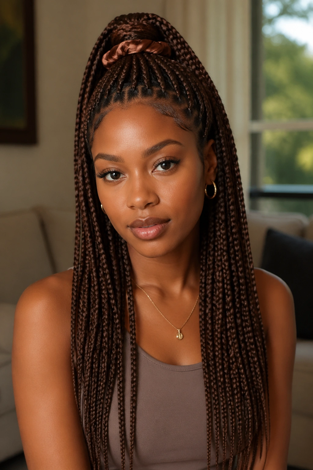 Close-up of half-up half-down box braids on a real woman with a satin scrunchie and loose braids