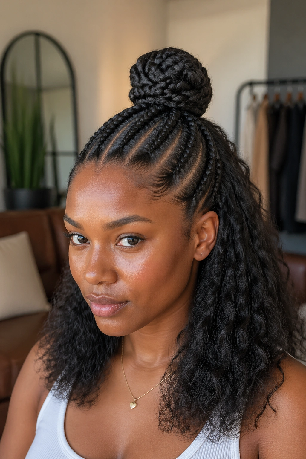 Close-up of real woman showing half-up bun with feed-ins on top