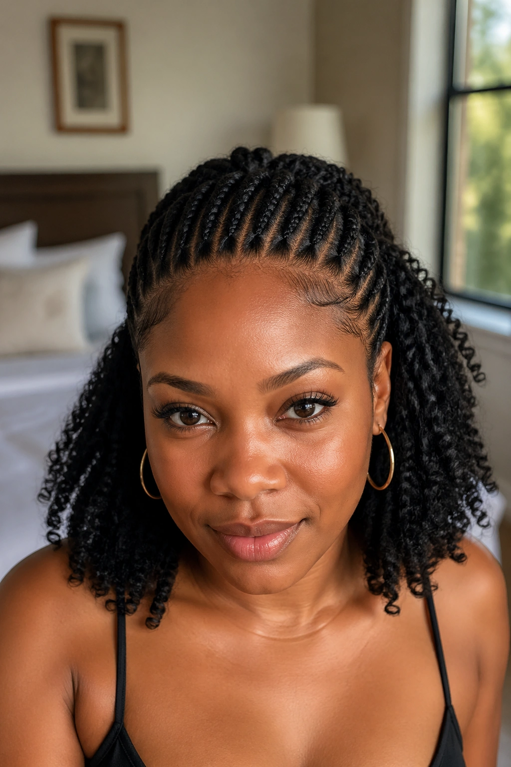 Close-up of a real woman with a half-up cornrow crown and loose twist-out in a softly lit bedroom