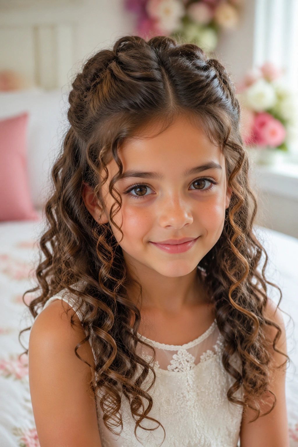 Close-up of a real young girl wearing a half-up crown and loose curly ringlets