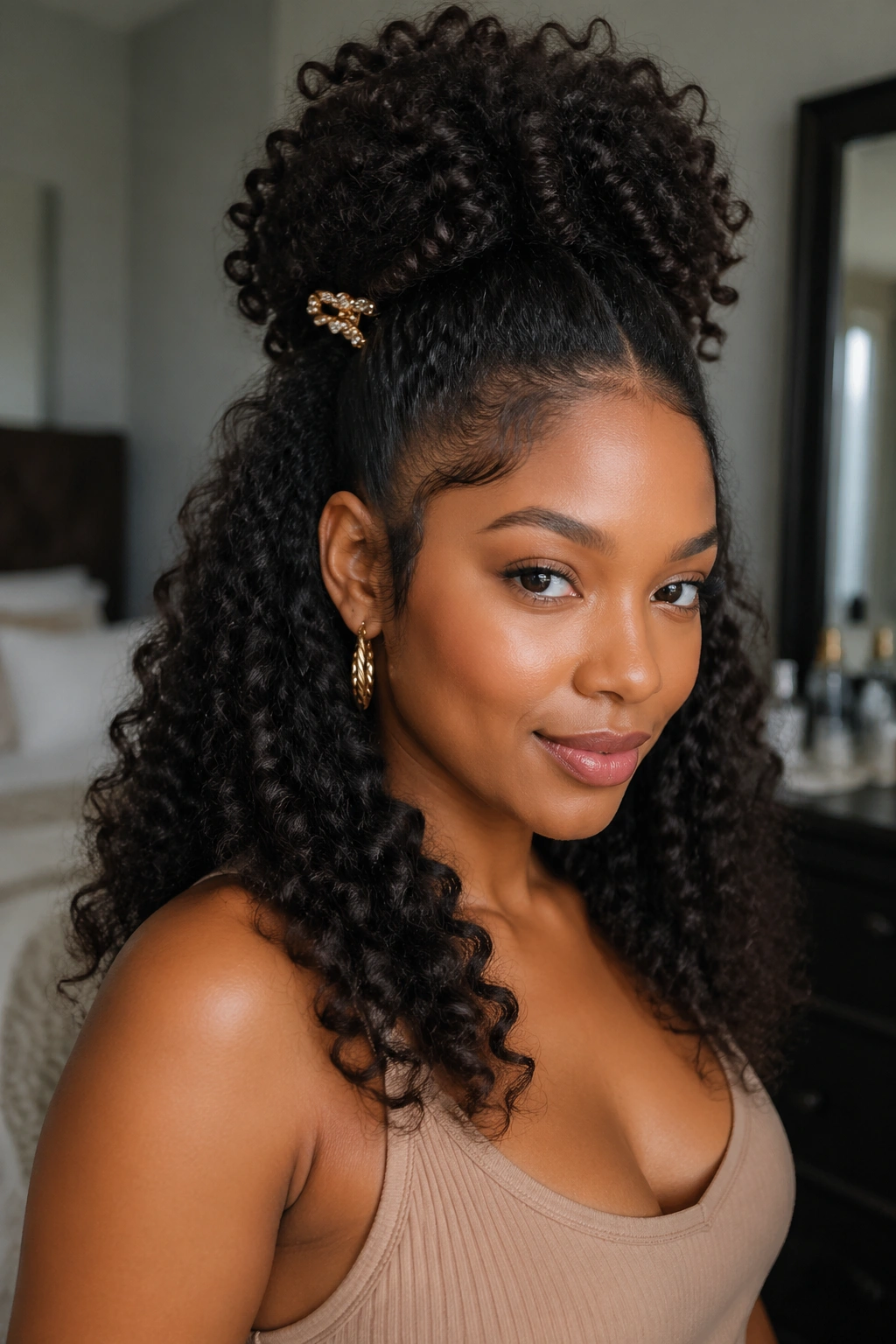 Close-up of a real woman in half-up style with crown puff and defined bottom curls secured by a barrette