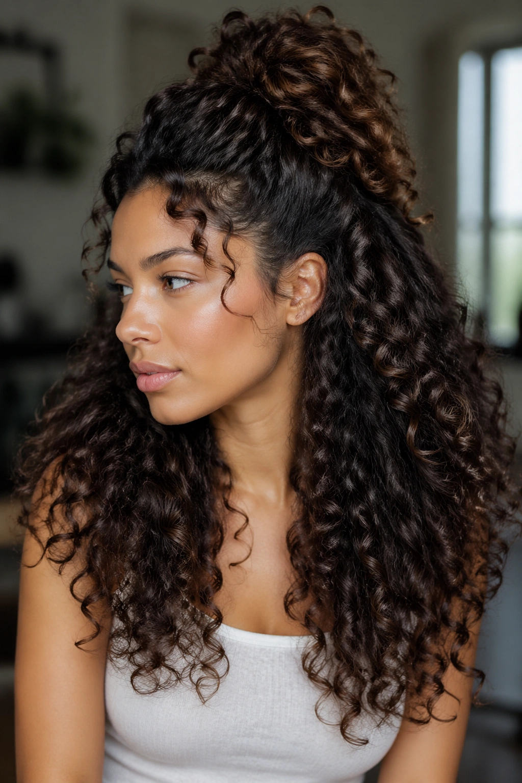 Close-up portrait of a real woman with thick half-up half-down curls in soft window light