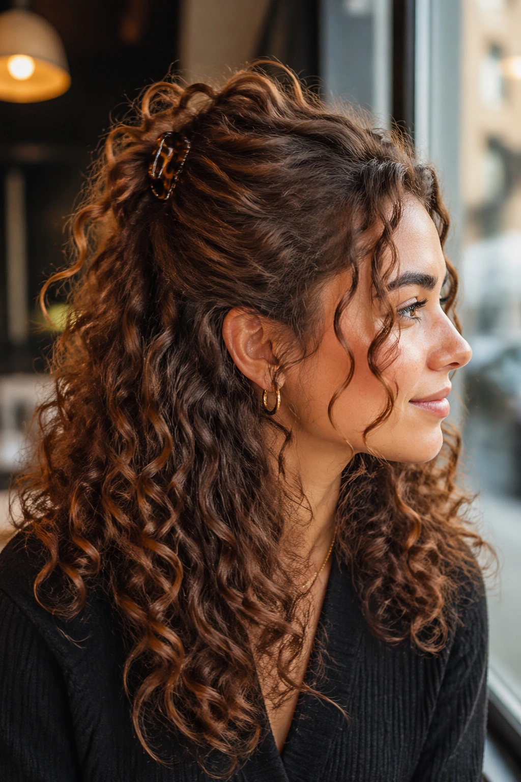 Close-up portrait of a real woman with half-up curly claw clip ponytail