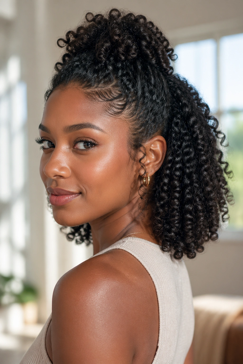 Close-up of a real woman with a half-up style and defined curls at the back.