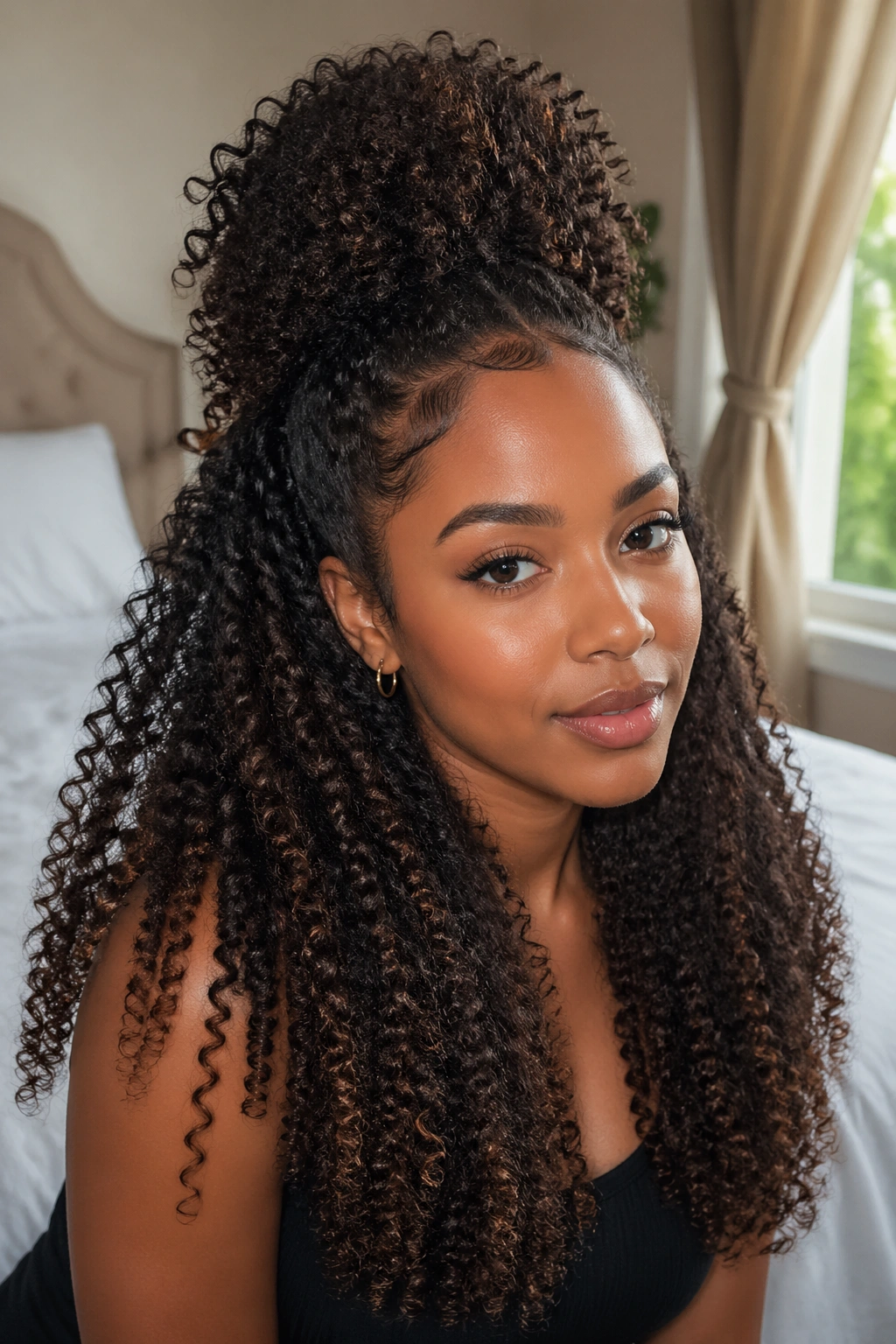 Close-up of a person with half-up half-down hairstyle showing coils