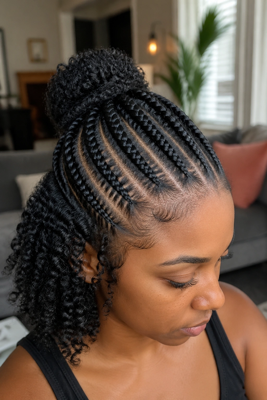 Close-up of half-up half-down cornrows on real person