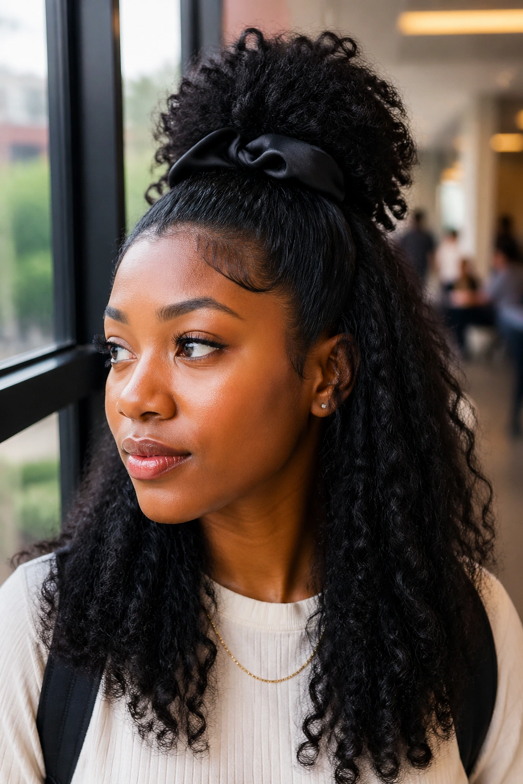 Close-up of a real person with half-up half-down natural hairstyle on campus