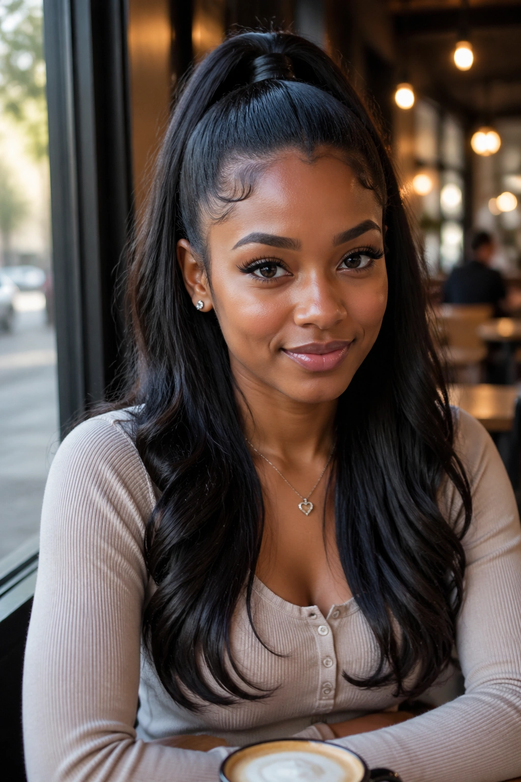 Portrait of a real woman with a half-up half-down ponytail, top flat section and flowing lower hair in natural light