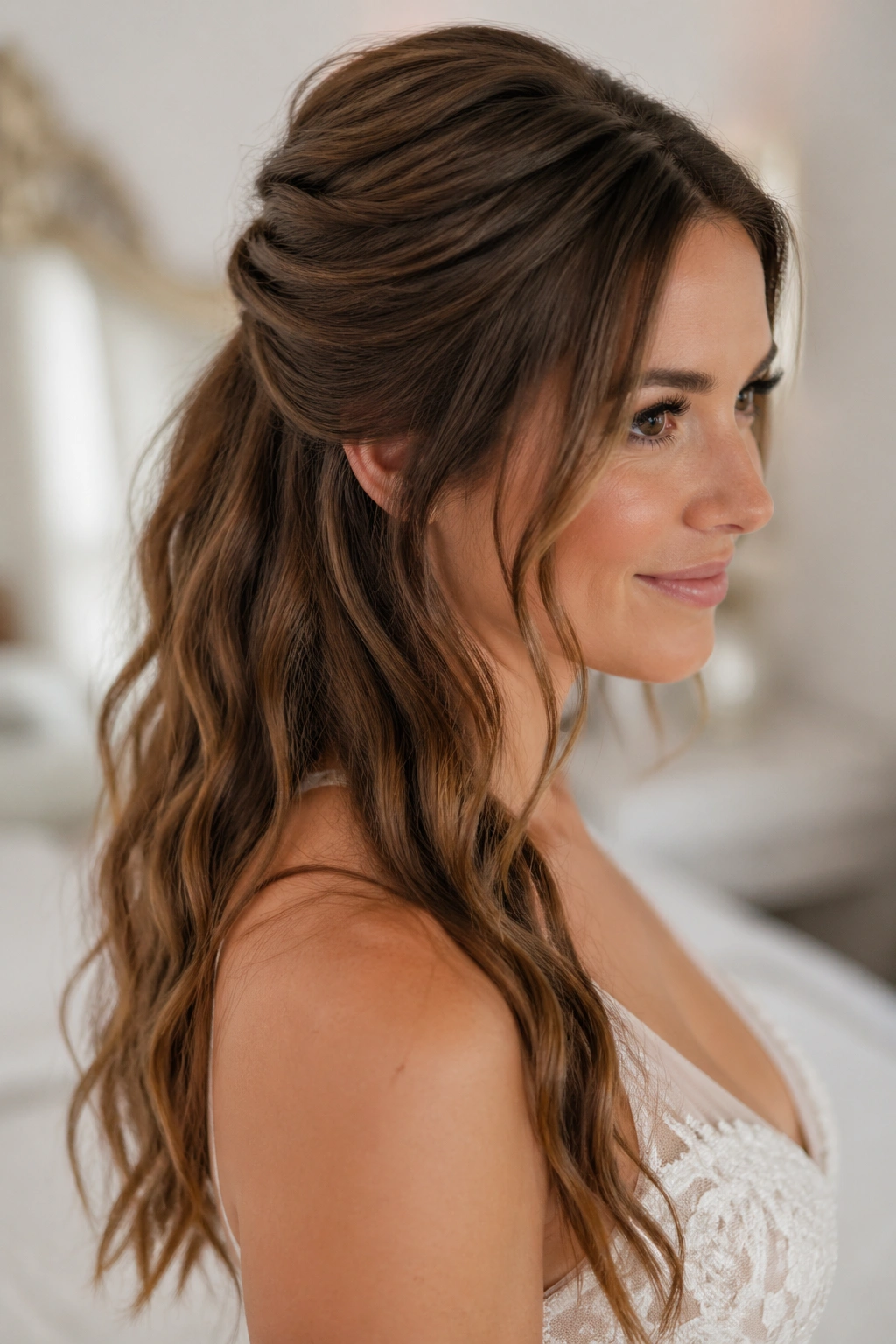 Close-up of a real bride with a half-up, half-down ponytail hybrid.