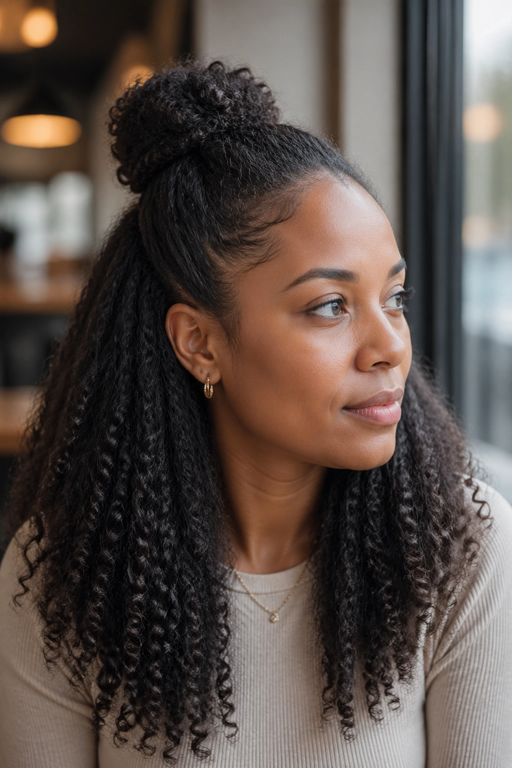 Close-up portrait of a woman with stretched curly half-up half-down hairstyle.