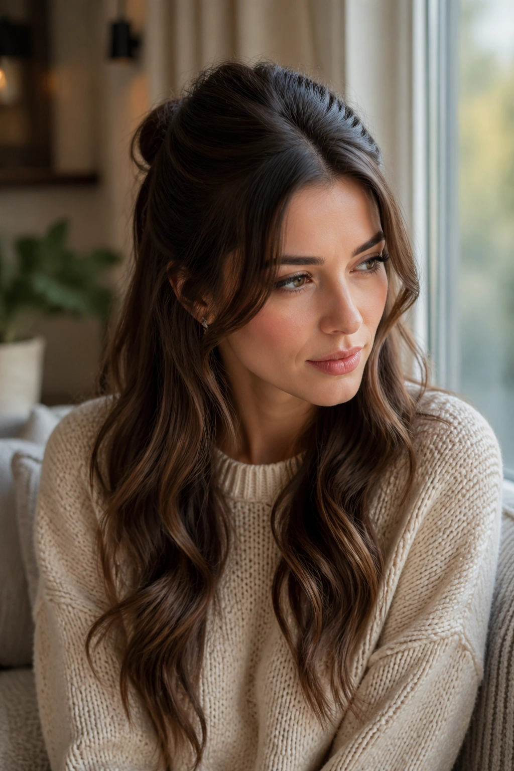 Close-up portrait of a woman with half-up half-down waves.