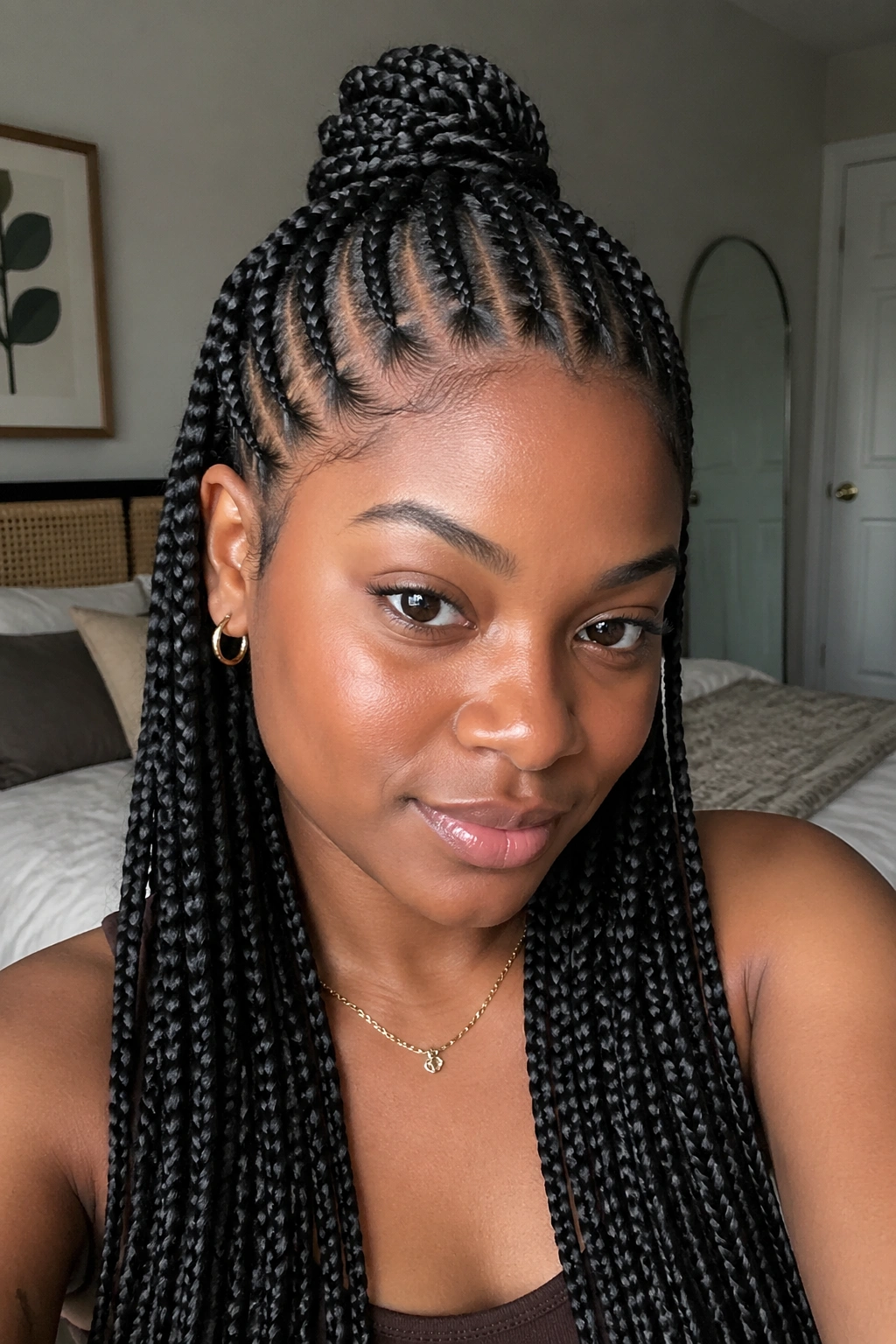 Half-up knotless cornrows with loose box braids behind a real person