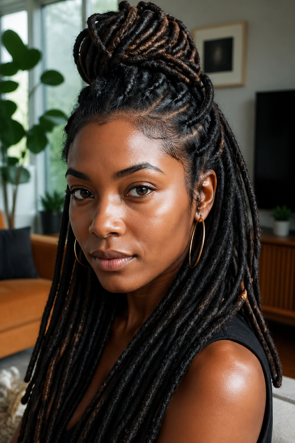 Close-up of a real woman with half-up loc style