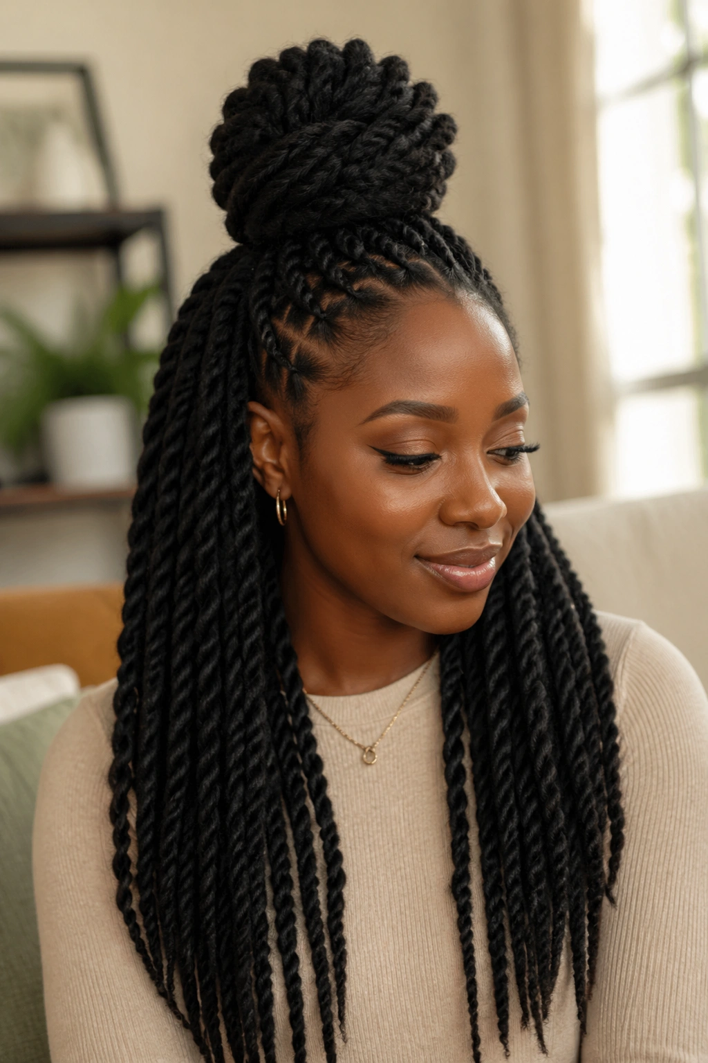 Portrait of real woman with half-up Marley twist bun