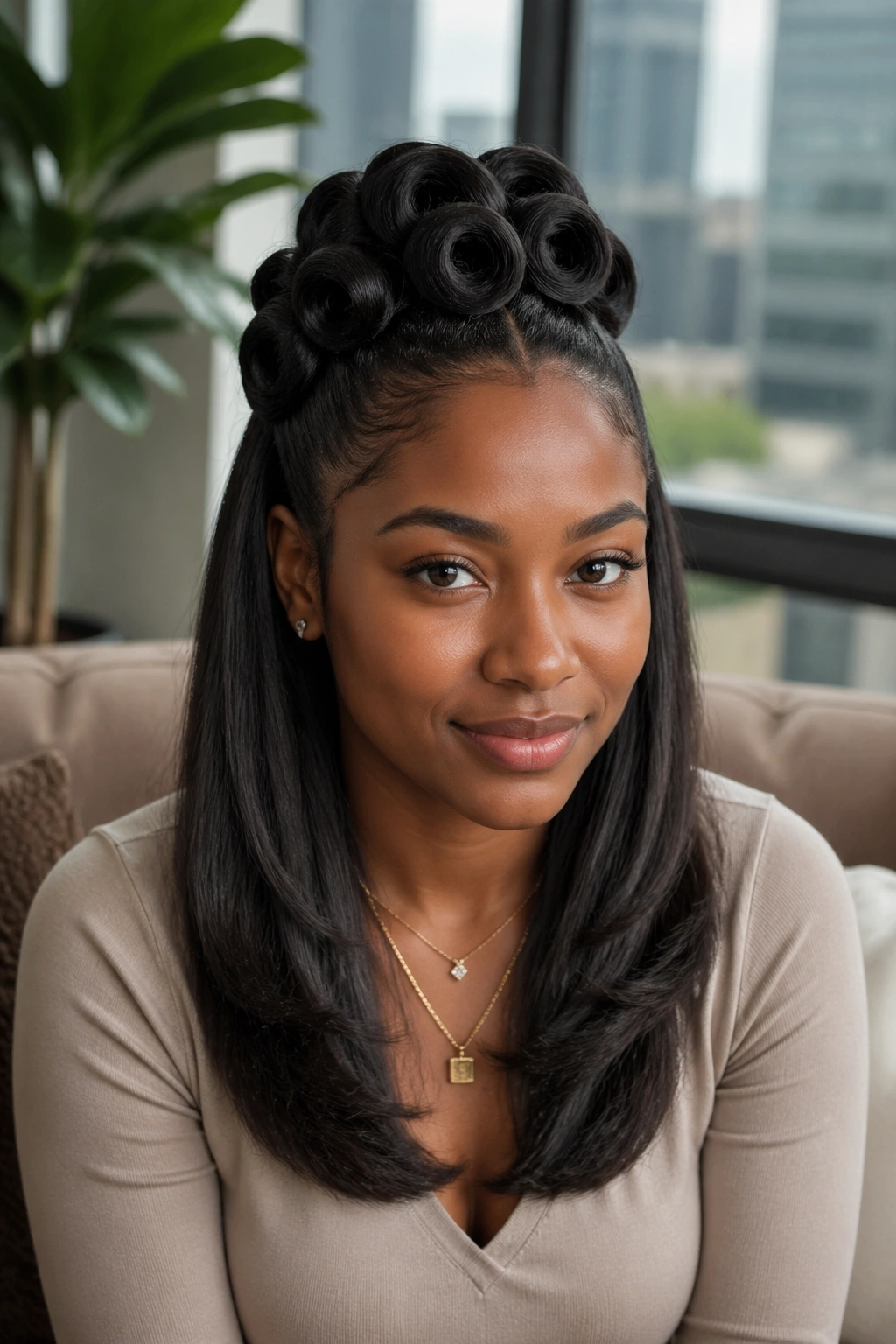 Close-up of a real woman with half-up silk press pin curls