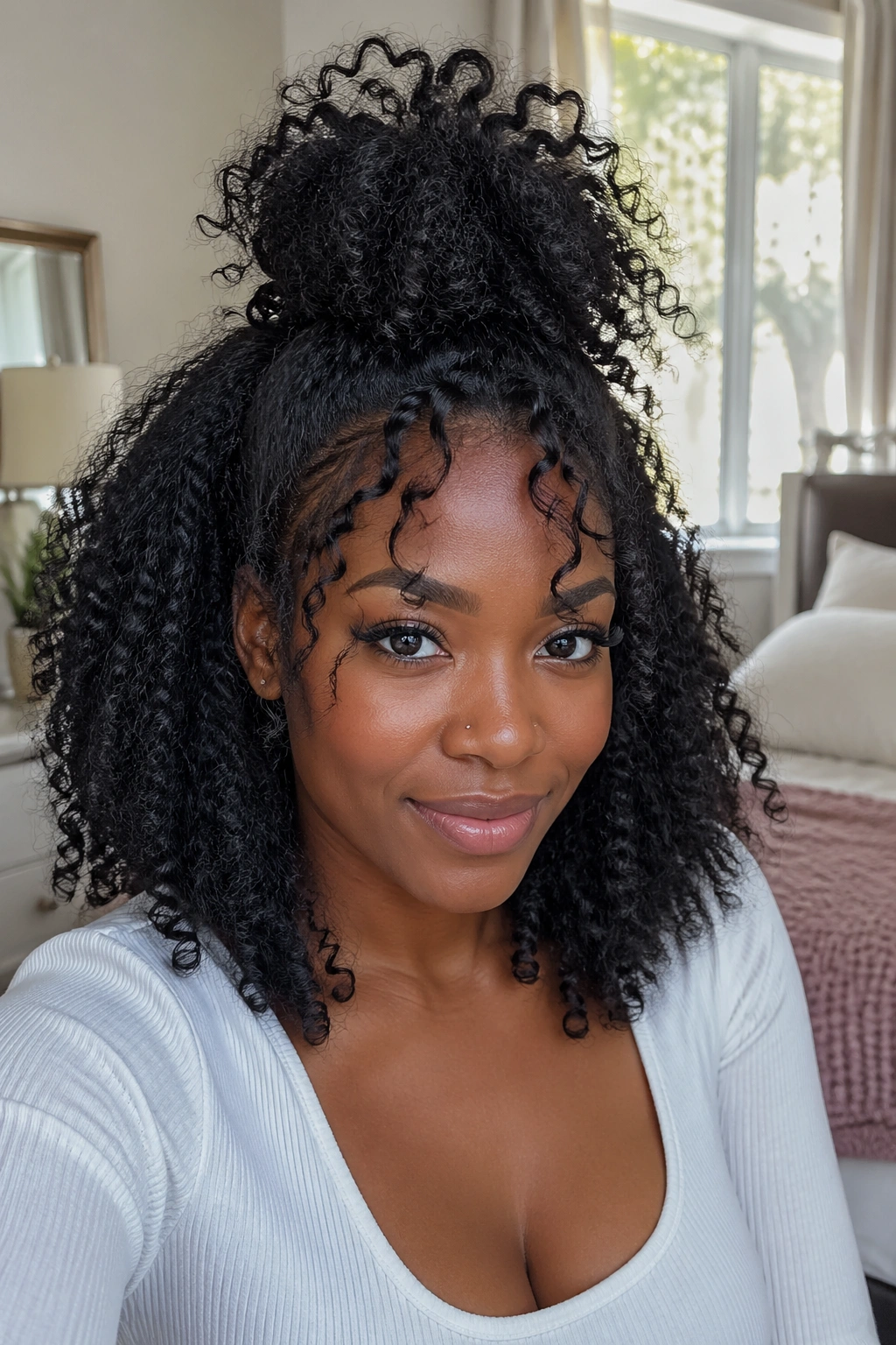 Close-up of a real Black woman with a half-up pineapple ponytail on top and curls around the shoulders