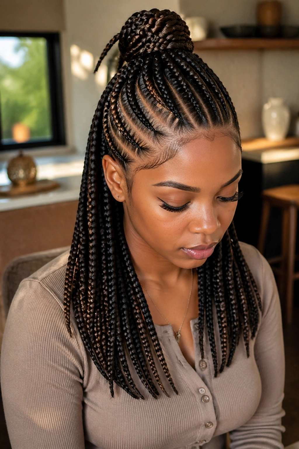 Portrait of a real person with half-up ponytail of ten cornrows