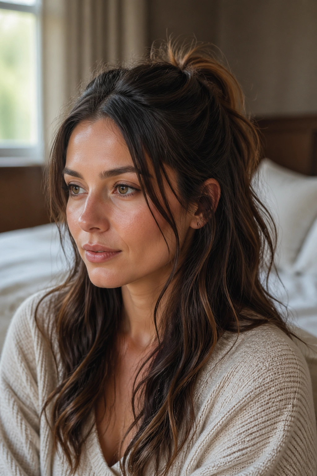 Close-up portrait of a real person with a messy half-up ponytail in warm bedroom light