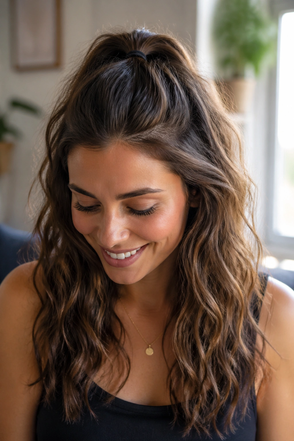 Real woman with a half-up mini ponytail and loose waves, portrait shot.