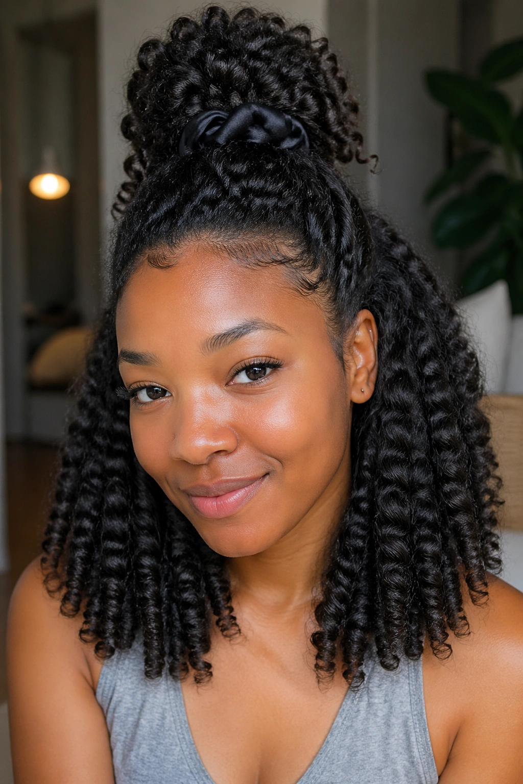 Real person with half-up half-down sock curls portrait