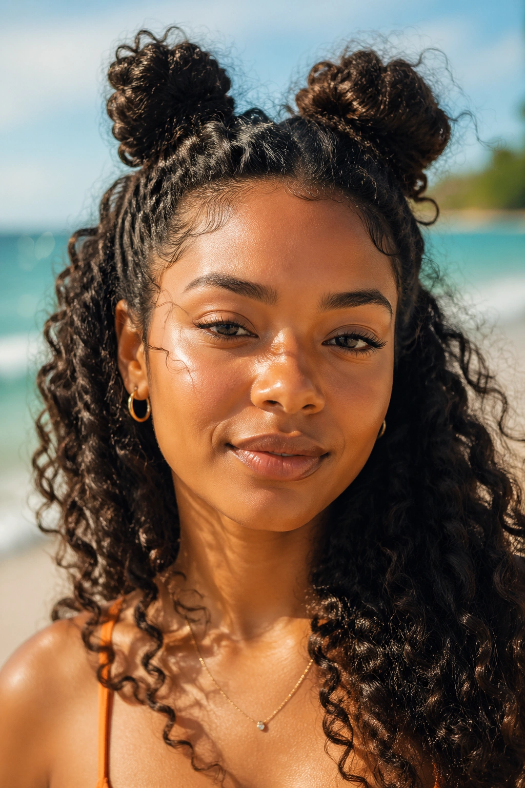 Portrait of a real woman with half-up space buns at the beach