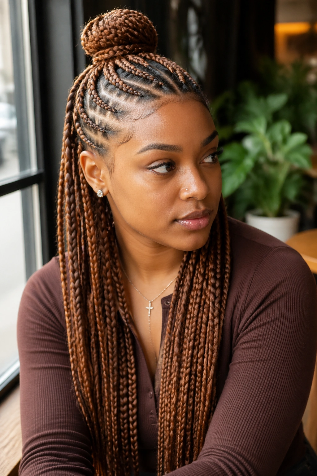 Close-up of half-up stitch style in caramel brown on a real person